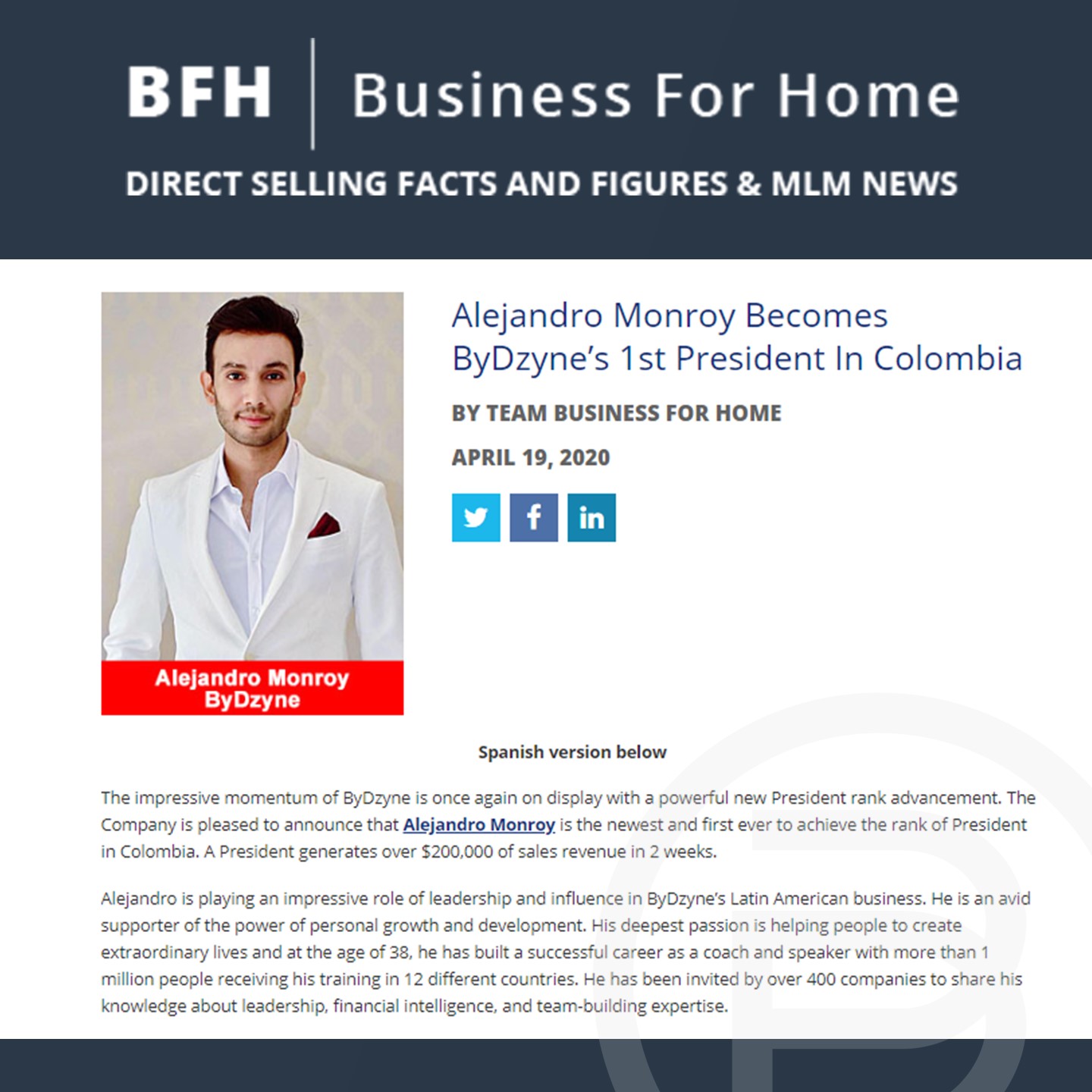 BFH: Alejandro Monroy Becomes ByDzyne’s 1st President In Colombia
