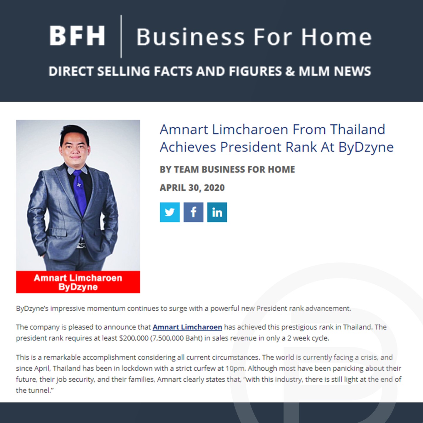 BFH: Amnart Limcharoen From Thailand Achieves President Rank At ByDzyne