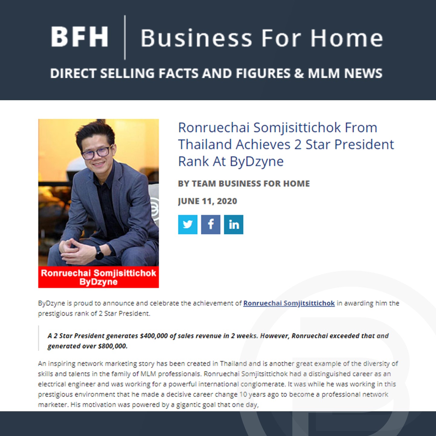 BFH: Ronruechai Somjisittichok From Thailand Achieves 2 Star President Rank At ByDzyne