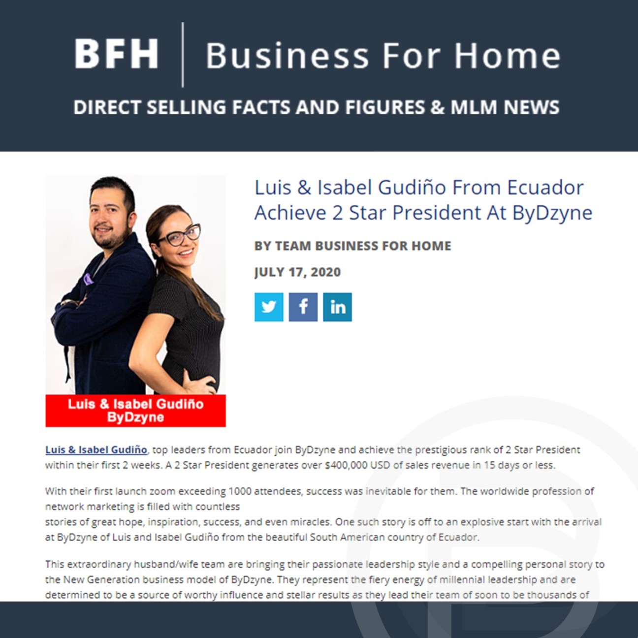 BFH: Luis & Isabel Gudiño From Ecuador Achieve 2 Star President At ByDzyne