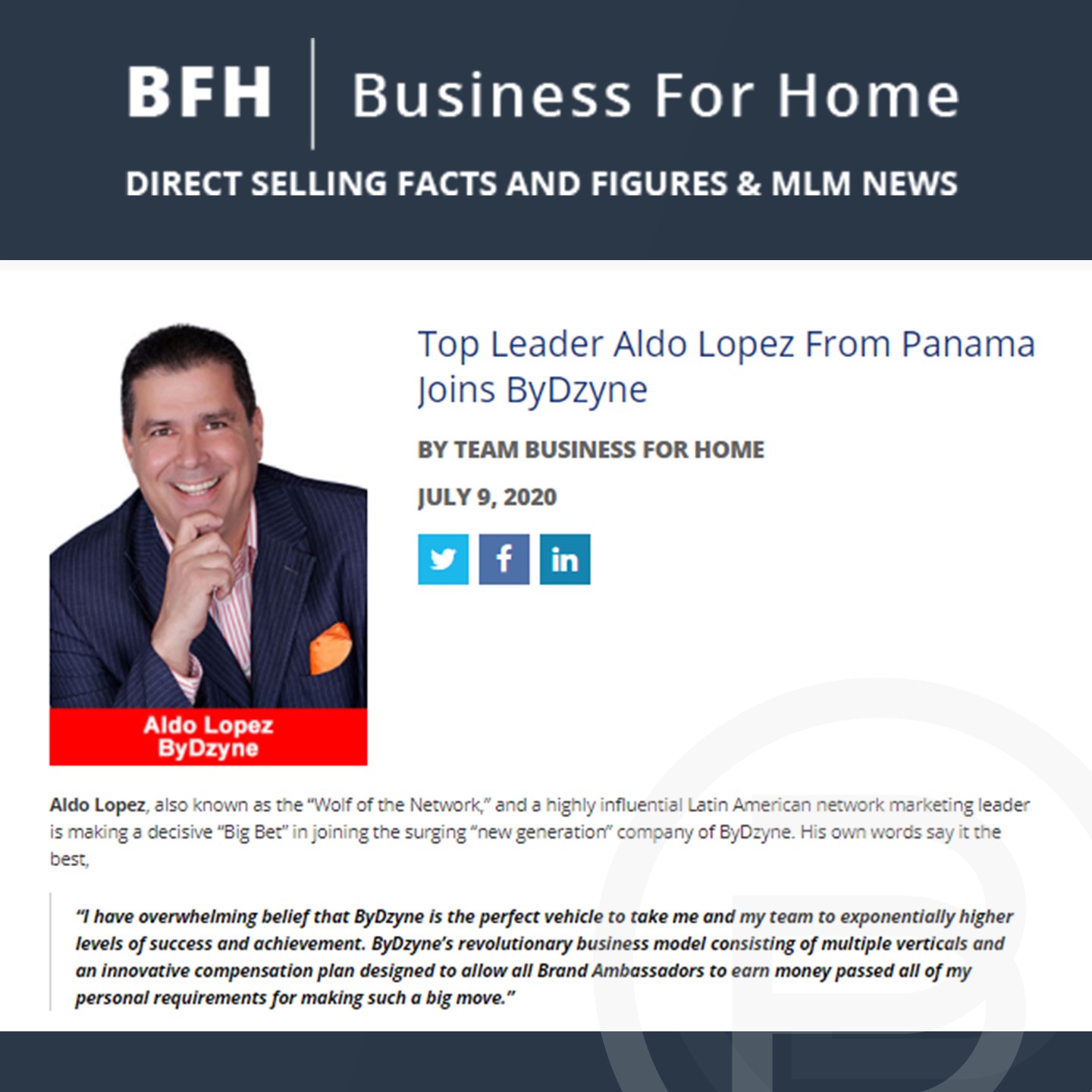 BFH: Top Leader Aldo Lopez From Panama Joins ByDzyne