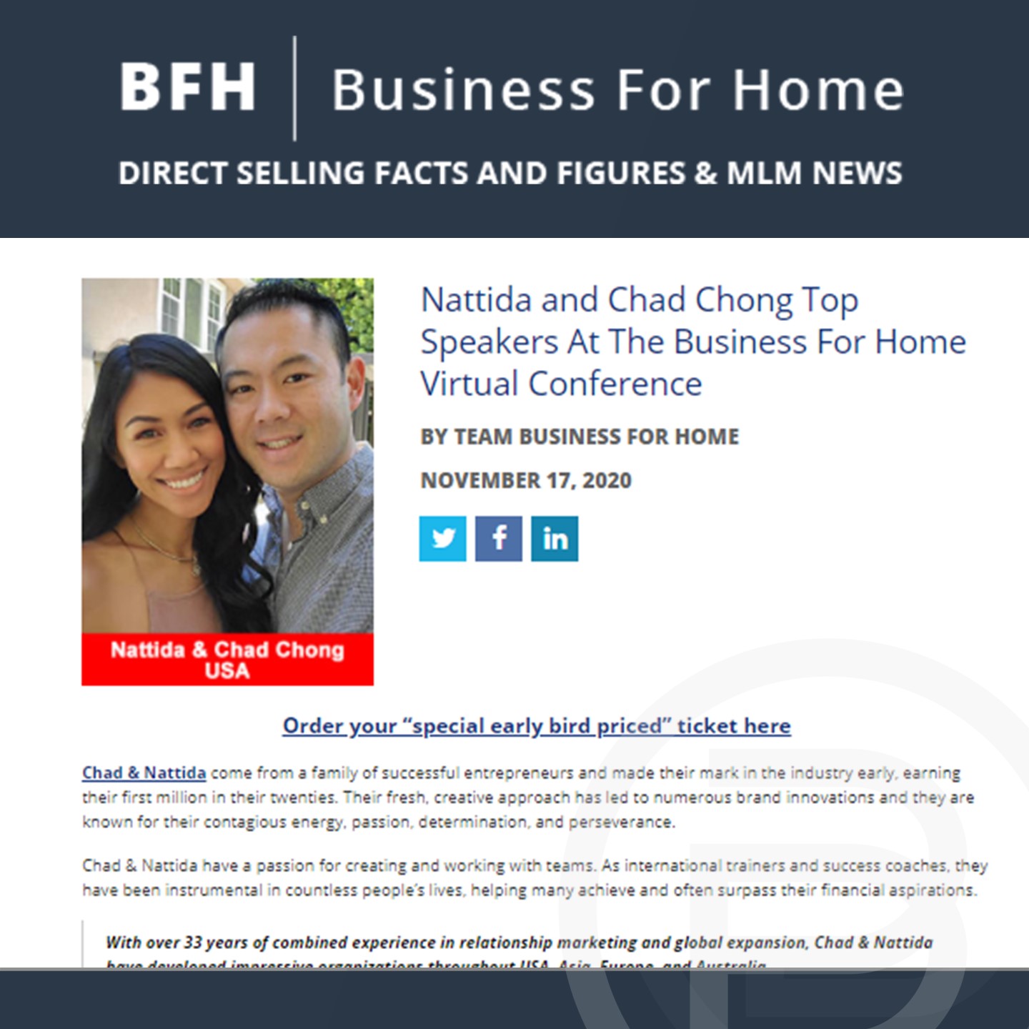 BFH: Nattida and Chad Chong Top Speakers At The Business For Home Virtual Conference