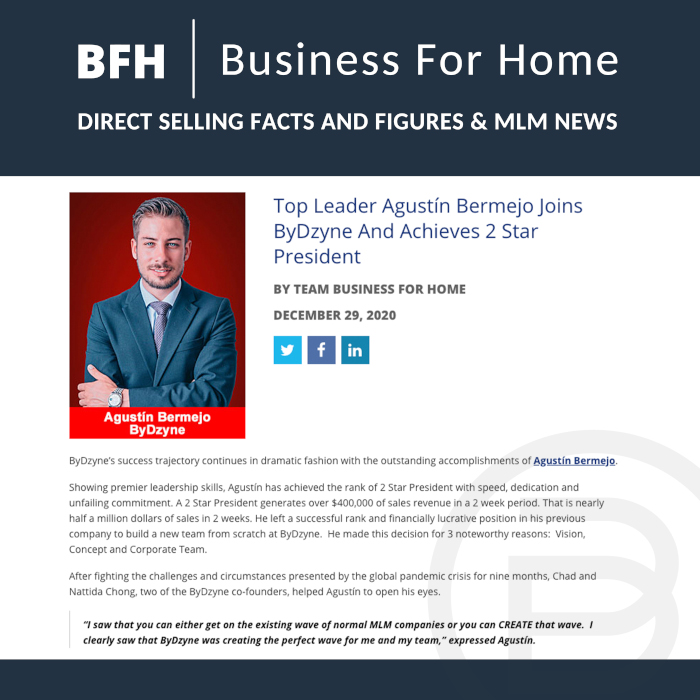 BFH: Top Leader Agustín Bermejo Joins ByDzyne And Achieves 2 Star President