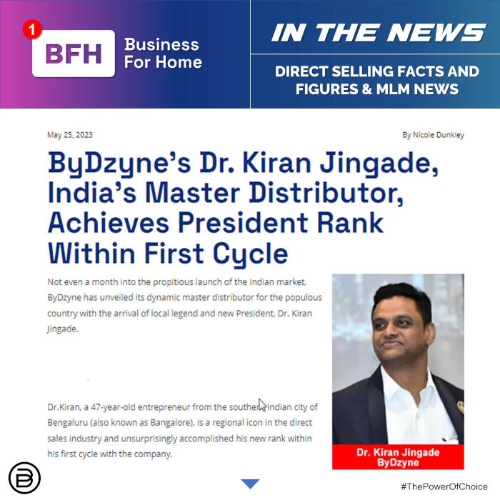 BFH: ByDzyne’s Dr. Kiran Jingade, India’s Master Distributor, Achieves President Rank Within First Cycle